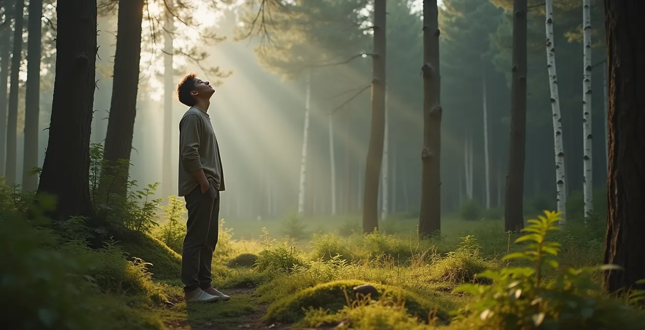 Person im deutschen Wald mit geschlossenen Augen atmet tief ein