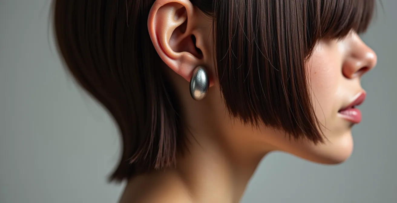 Nahaufnahme von glänzendem Blunt Bob mit geometrischen Schmuckstücken