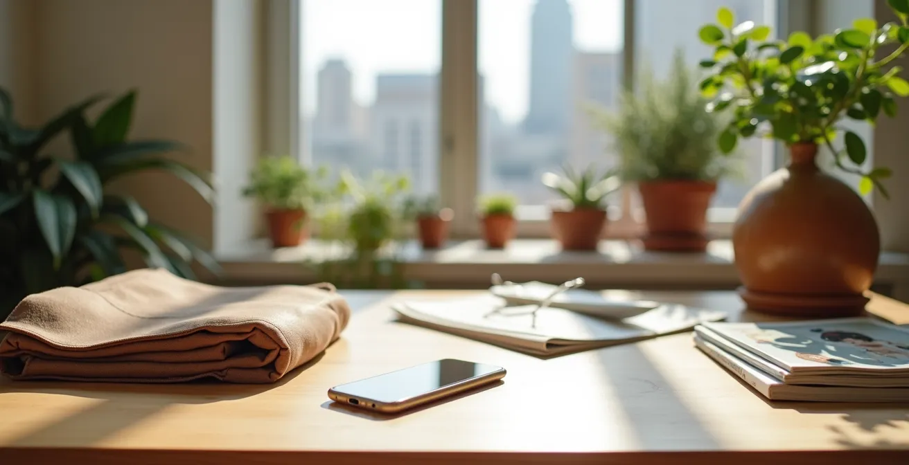 Ein aufgeräumter Schreibtisch mit einem Smartphone, das mit dem Display nach unten liegt, was einen digitalen Detox andeutet.