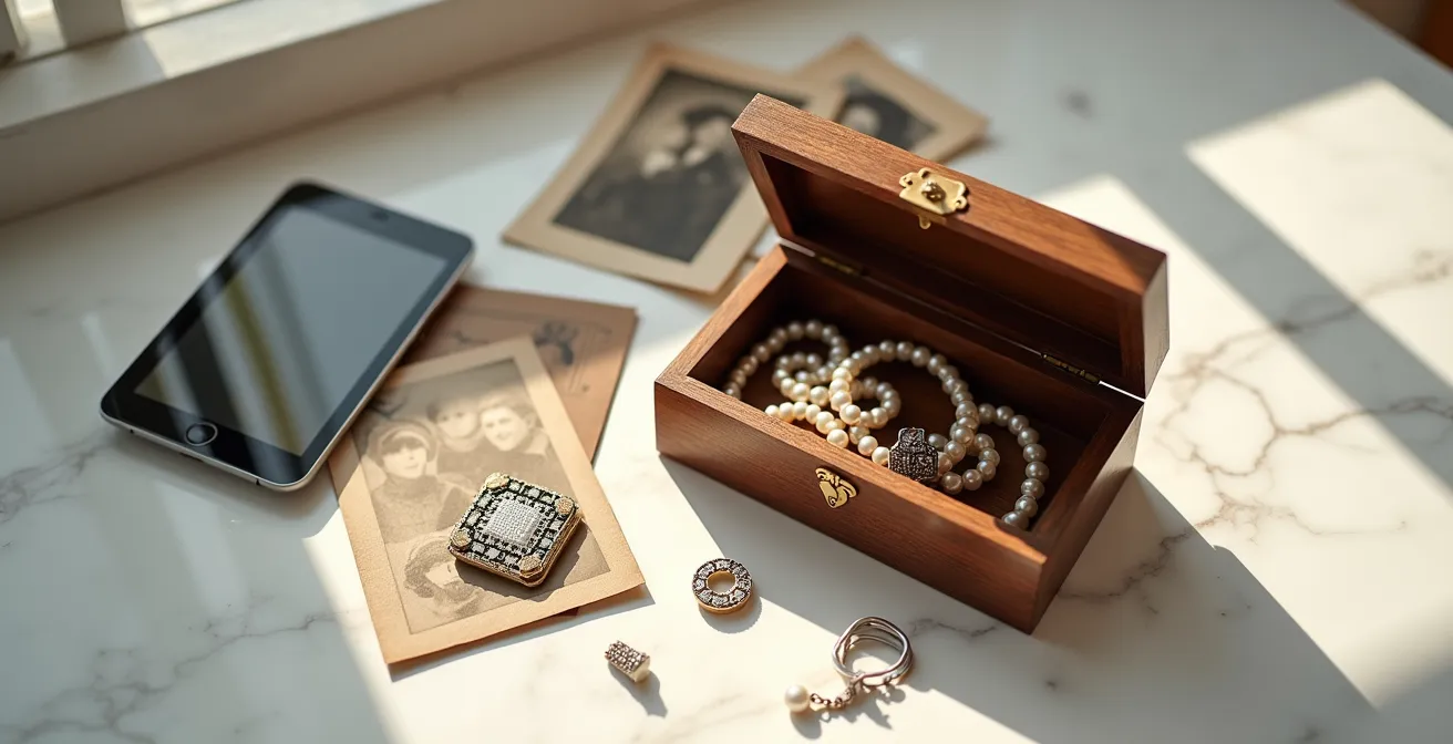 Vintage Schmuckschatulle mit modernem QR-Code und Familienfotos verschiedener Generationen