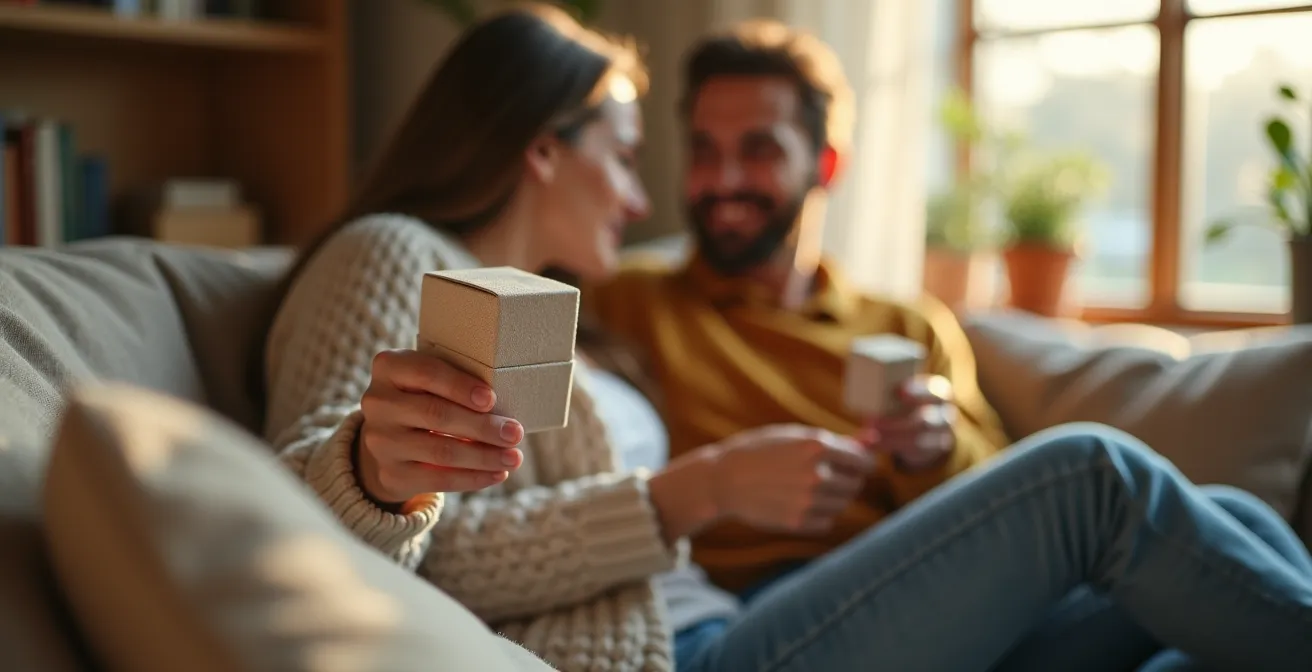 Paar in gemütlicher Wohnzimmeratmosphäre beim Austausch eines kleinen Geschenks