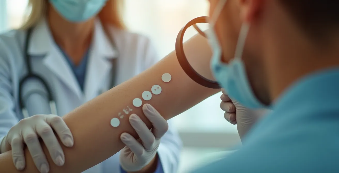 Nahaufnahme eines Epikutantests beim Dermatologen zur Feststellung von Metallallergien