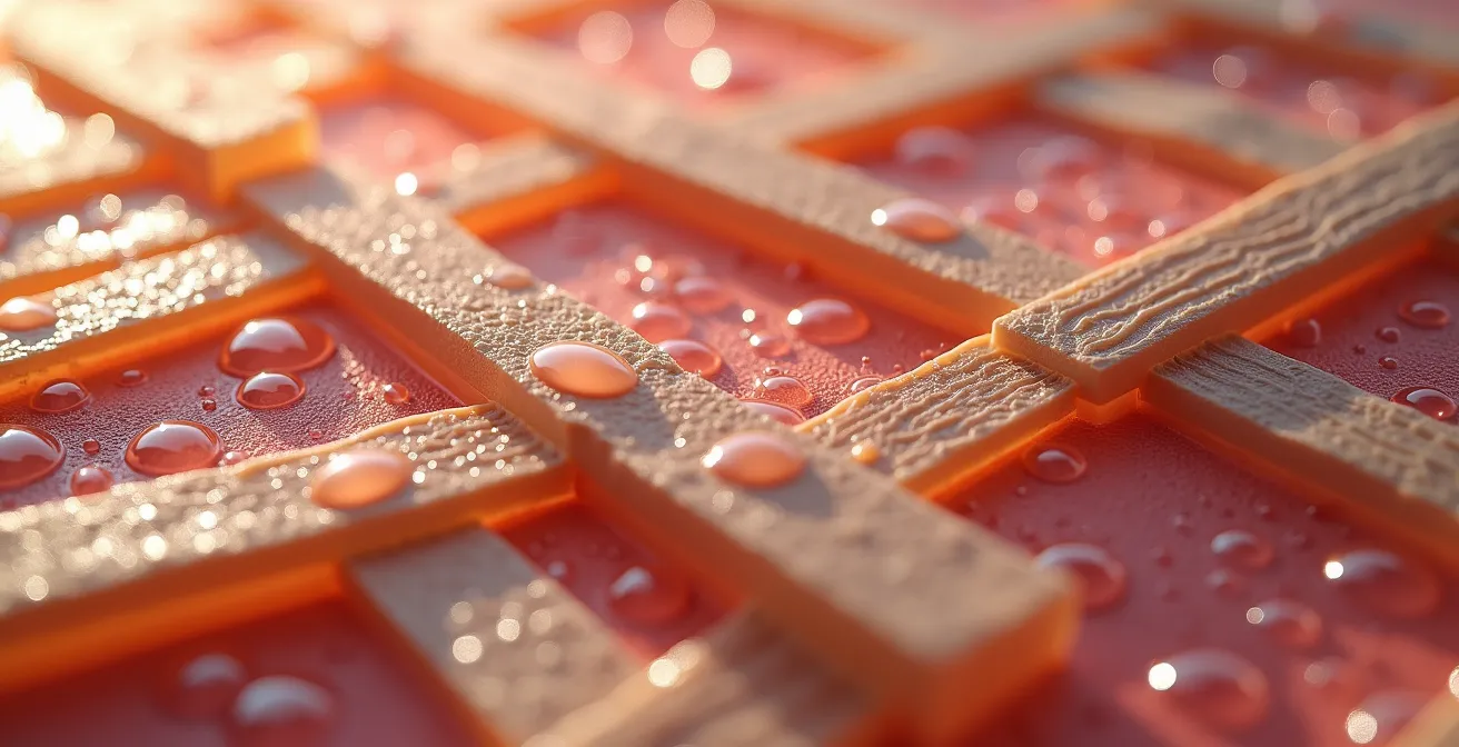 Visualisierung der Hautbarriere als deutsches Fachwerkhaus, das die stabile Struktur von Zellen und Lipiden zeigt