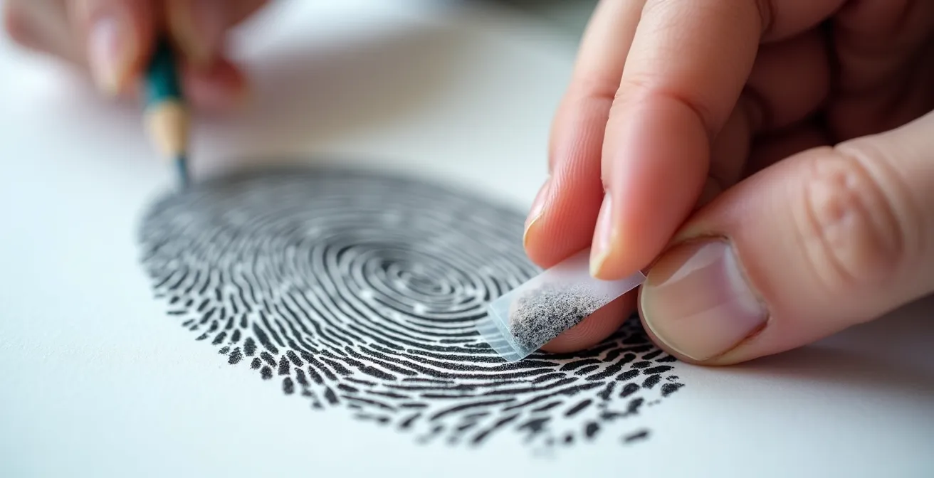 Hände demonstrieren die Bleistift-Methode zur Fingerabdrucknahme auf weißem Papier