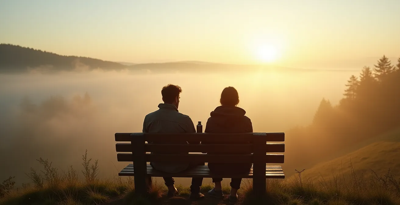 Paar genießt gemeinsamen Moment in der Natur mit Blick auf eine neblige deutsche Landschaft bei Sonnenaufgang.