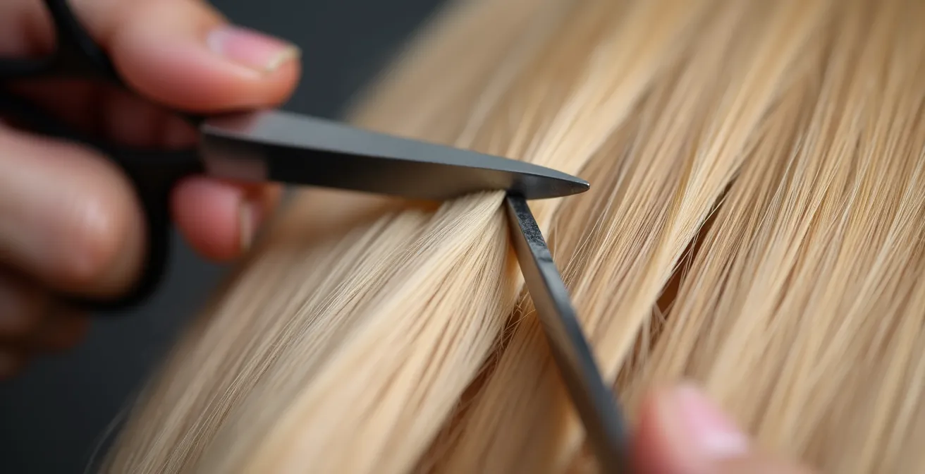 Detailaufnahme der Ghost Layers Schnitttechnik bei feinem Haar