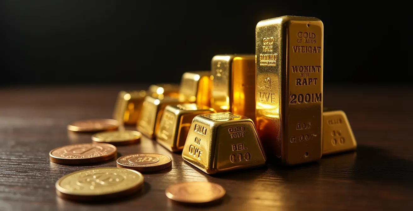 Goldbarren und Anlagemünzen arrangiert auf dunklem Holz