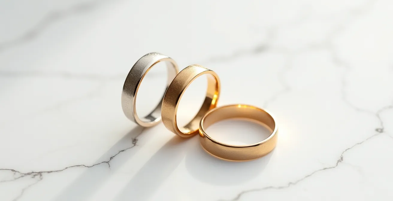 Drei Goldringe in verschiedenen Farbtönen nebeneinander auf Marmor