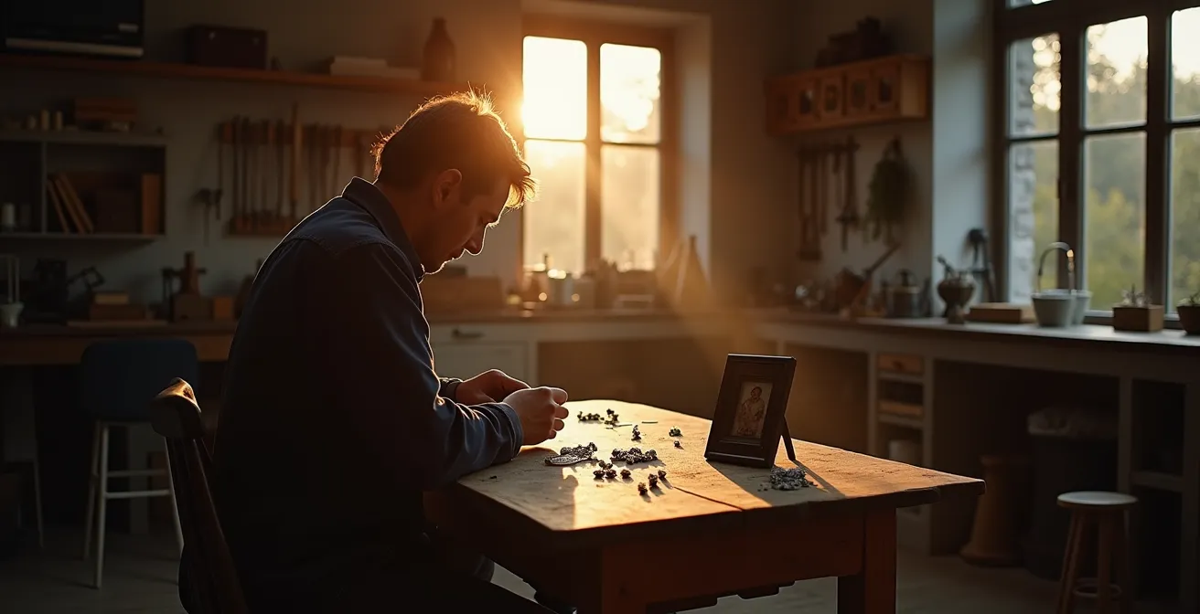 Goldschmied graviert behutsam einen Fingerabdruck in einen silbernen Gedenkanhänger
