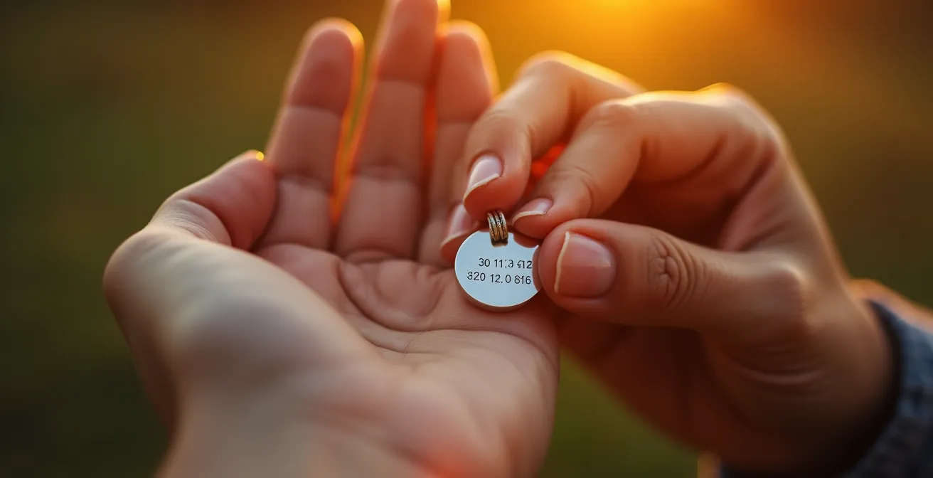 Detailaufnahme einer Schmuckgravur mit GPS-Koordinaten, die von Händen gehalten wird.