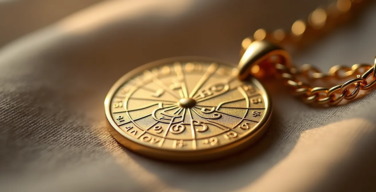 Detailaufnahme eines gravierten Goldanhängers mit Koordinaten und Datum