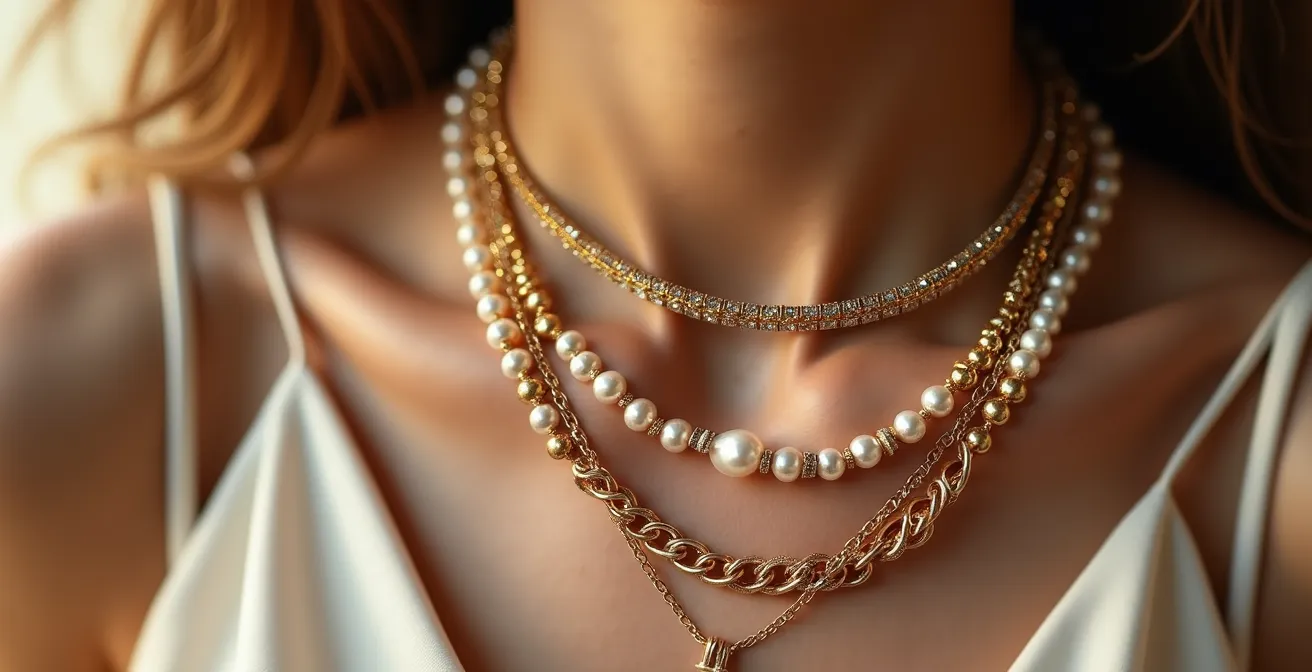 Detailaufnahme mehrerer geschichteter Halsketten in verschiedenen Längen