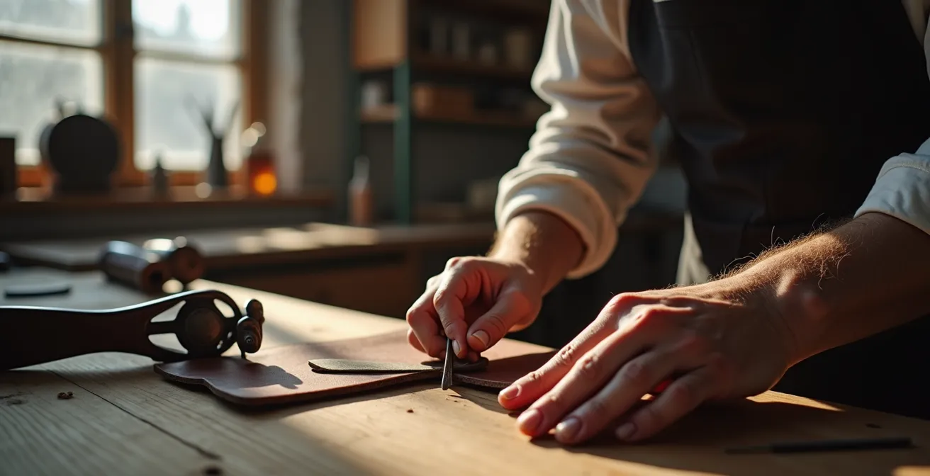 Die Hände eines Handwerkers reparieren ein hochwertiges Lederstück in einer traditionellen deutschen Werkstatt.