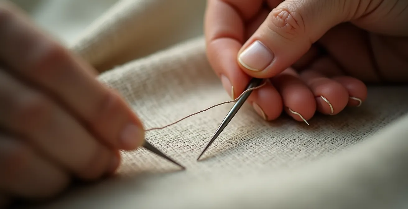 Detailaufnahme traditioneller Handwerkskunst, bei der eine Nadel mit Faden sorgfältig durch Leinenstoff geführt wird.