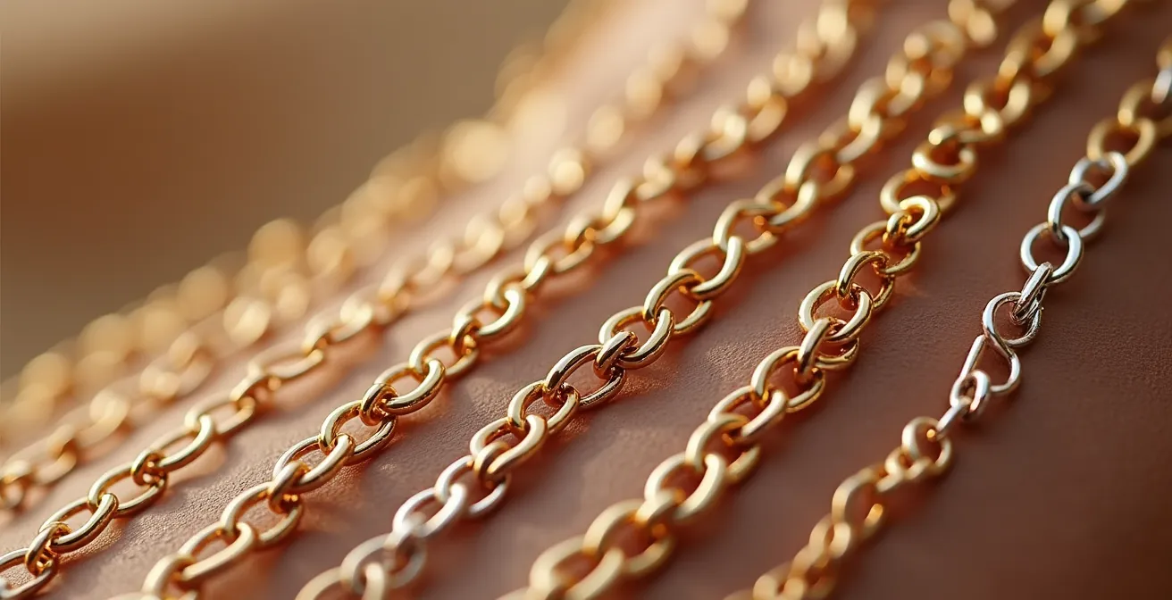 Nahaufnahme verschiedener Halsketten in Gold, Silber und Roségold auf verschiedenen Hauttönen