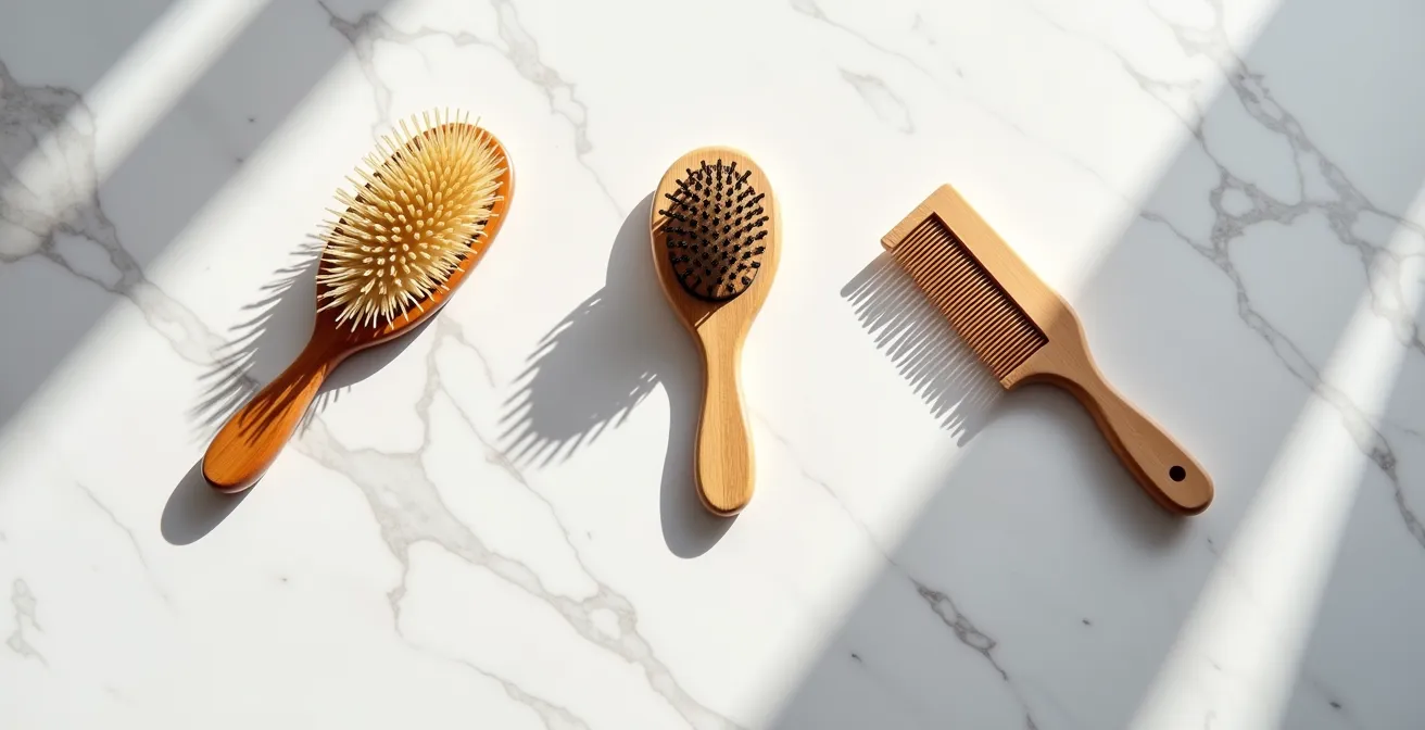 Eine hochwertige Holzbürste mit Naturborsten, die auf einer edlen Marmoroberfläche liegt und Qualität symbolisiert.