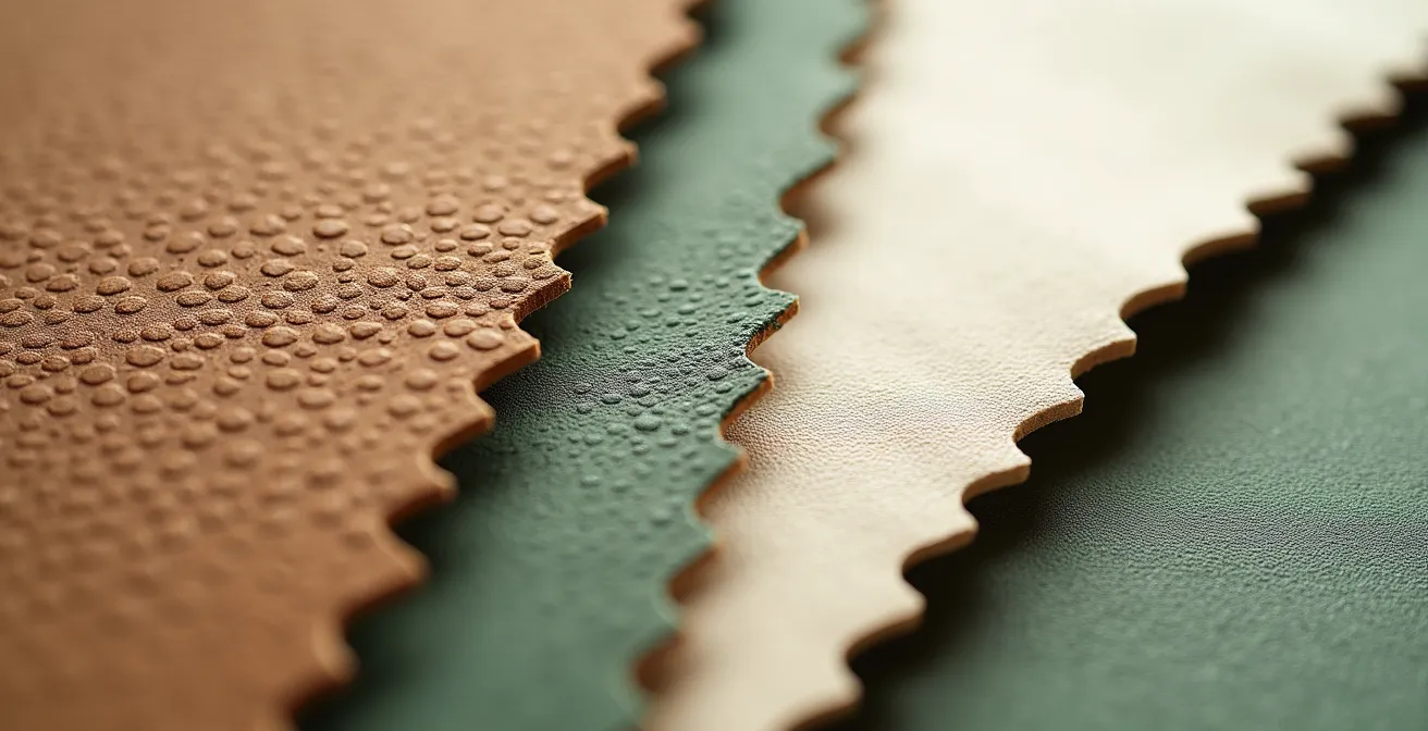 Makroaufnahme von pflanzlichen Lederalternativen wie Apfel- und Kaktusleder, die ihre Textur zeigen