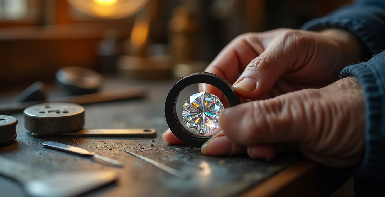 Goldschmiedmeister prüft Diamanten mit Juwelierslupe in deutscher Werkstatt
