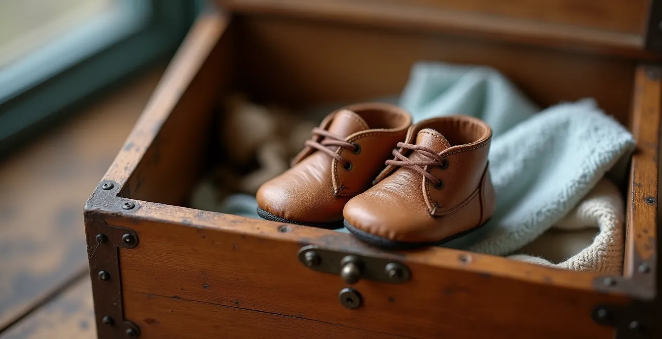 Holzkiste mit Babyschuhen und verschwommenen Erinnerungsstücken