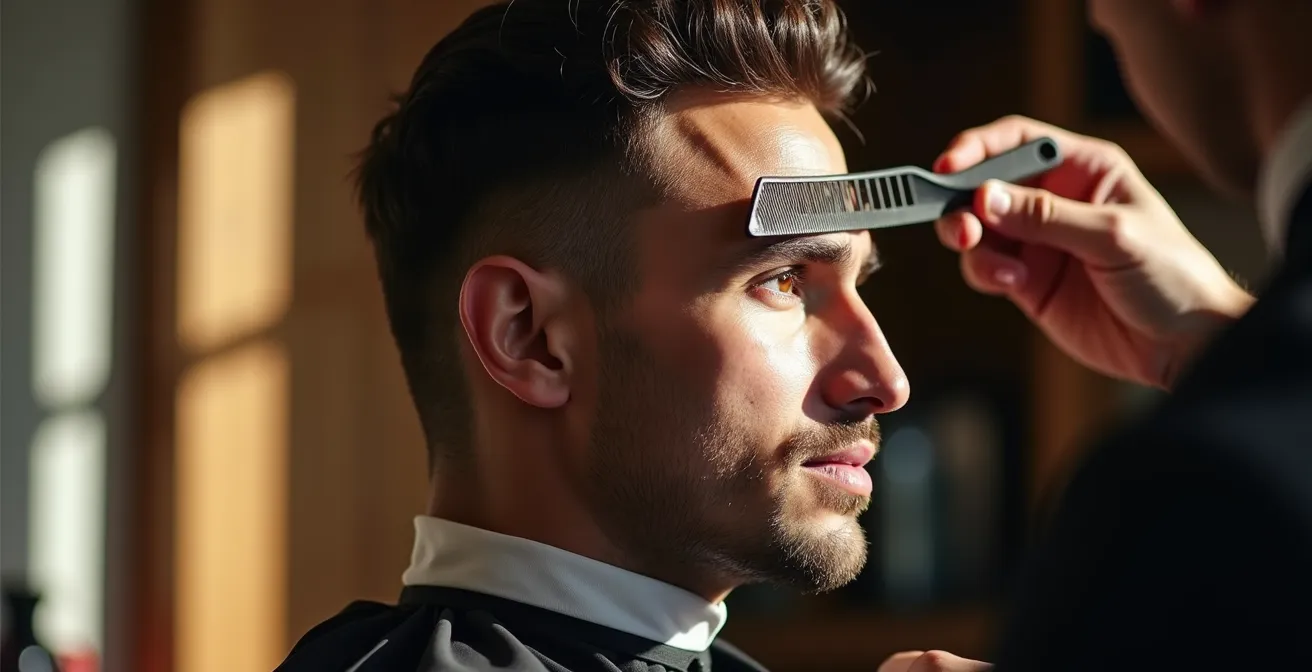 Präziser Herrenhaarschnitt mit klassischem Fade-Übergang