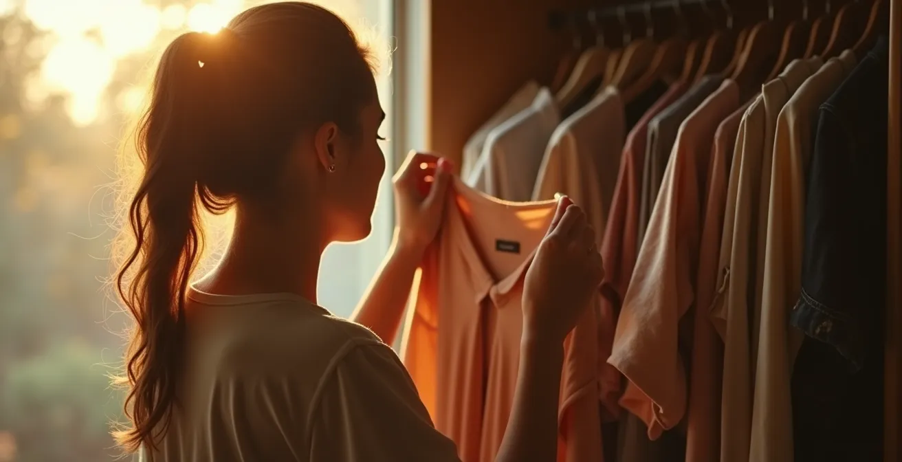 Person entdeckt vergessene Kleidungsstücke im eigenen Schrank neu und erlebt einen Moment der Freude.