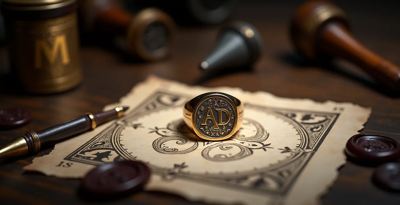 Detailaufnahme eines kunstvoll gestalteten Monogramms auf edlem Schmuck