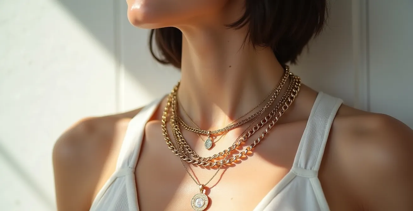 Mehrere geschichtete Halsketten in verschiedenen Längen und Stilen