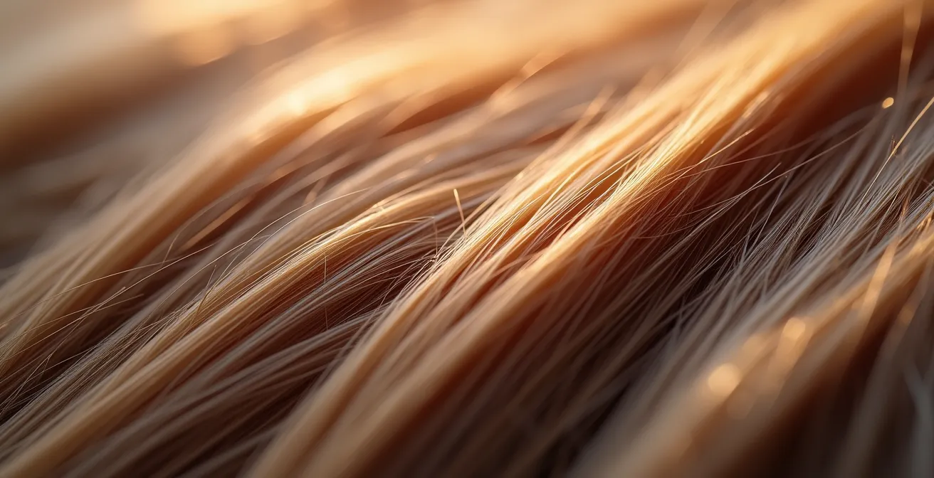 Makroaufnahme von Haarspitzen, die den deutlichen Unterschied zwischen gesundem Haar und Spliss zeigen.