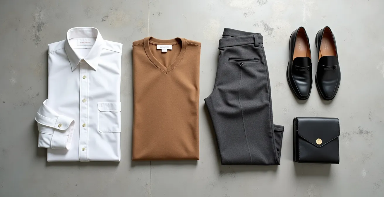 Minimalistische Capsule Wardrobe im Stil von Jil Sander mit cleanen Linien und neutralen Farben