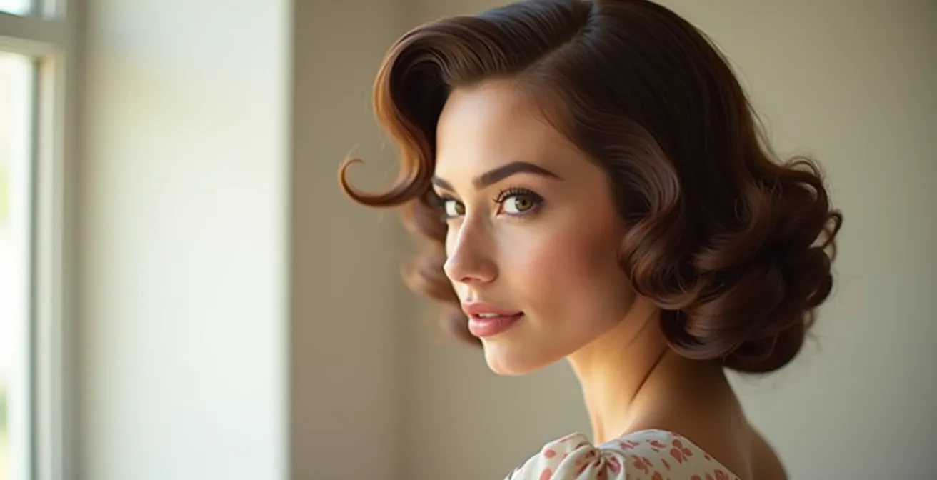 Seitliches Porträt einer Frau mit modernen Soft Glam Waves und dezentem 50er-Make-up