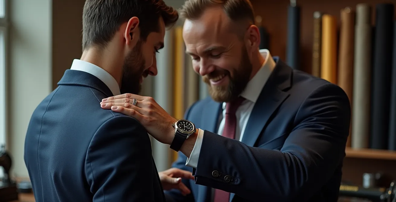 Mann in maßgeschneidertem Anzug bei der Anprobe im Atelier