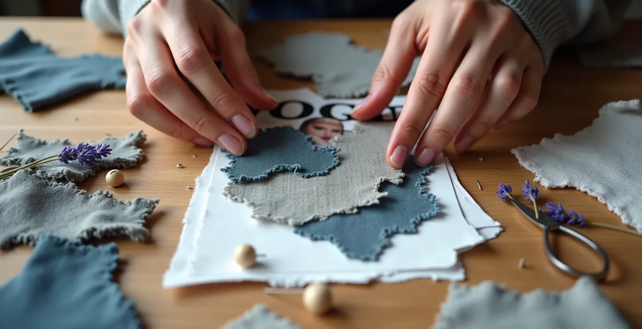 Detailaufnahme eines analogen Moodboards mit deutschen Modemagazinen und Stoffmustern