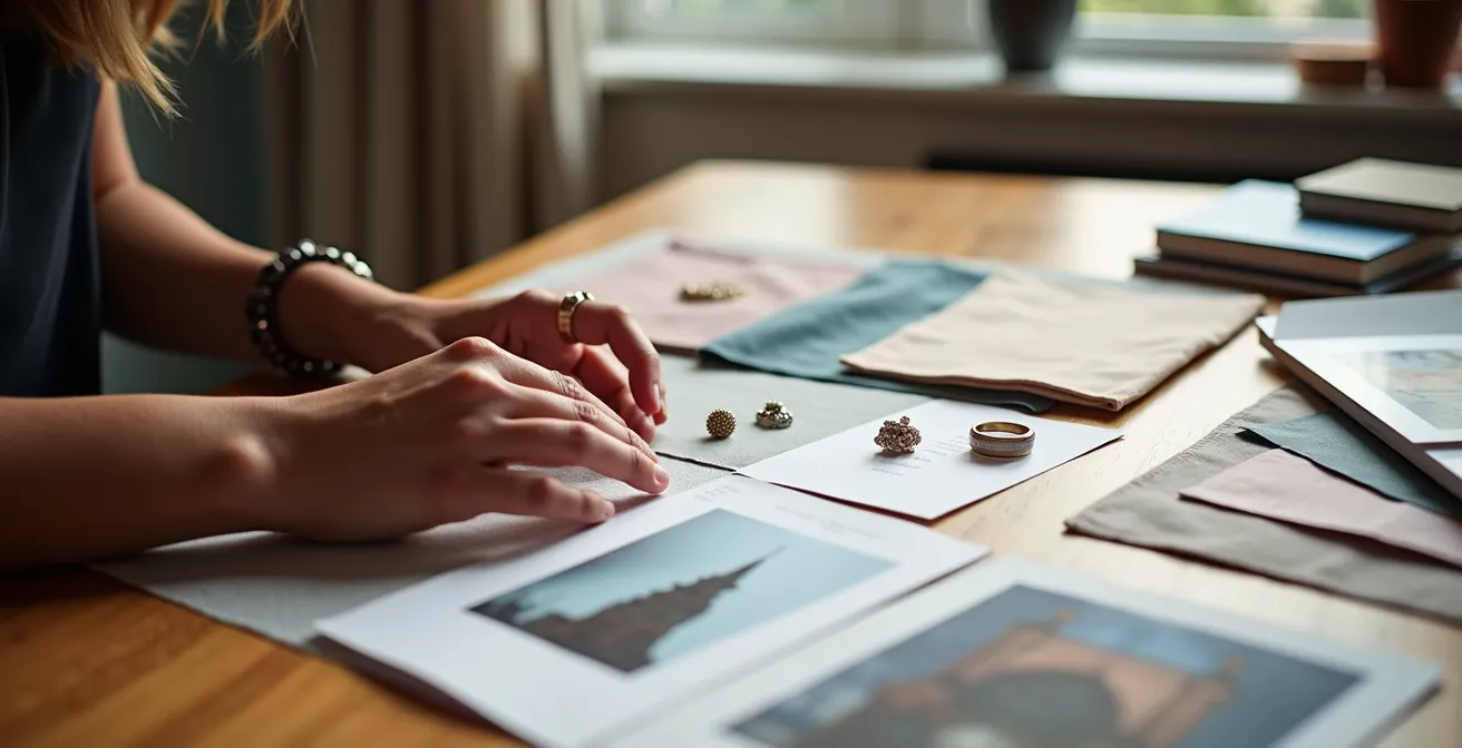 Kreatives Moodboard mit Mode, Architektur und persönlichen Elementen