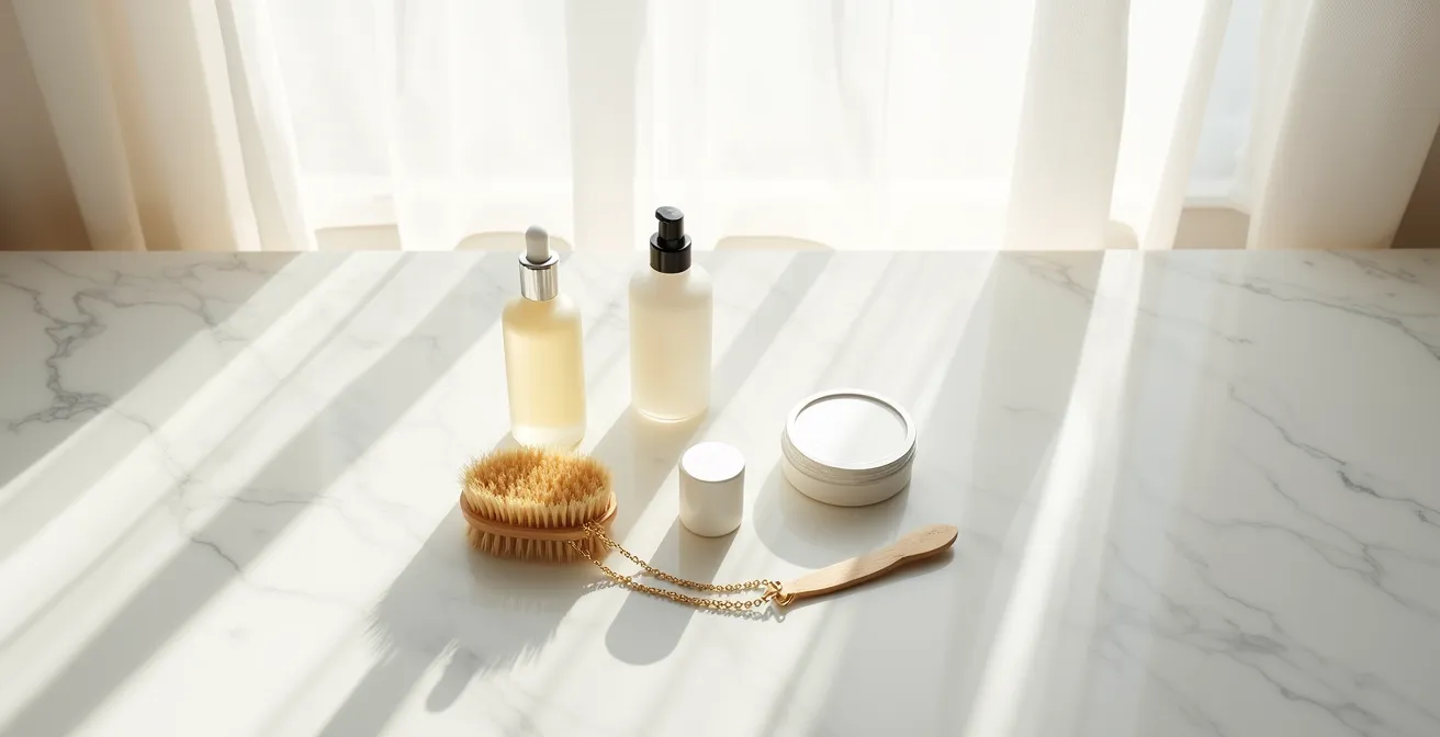 Ästhetisch arrangierte Pflegeprodukte und Schmuck auf Marmor-Waschtisch im Morgenlicht