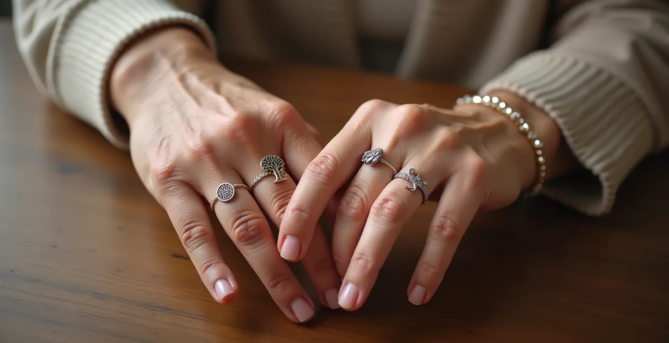 Zwei ineinander verschlungene Hände verschiedener Generationen mit passendem Schmuck
