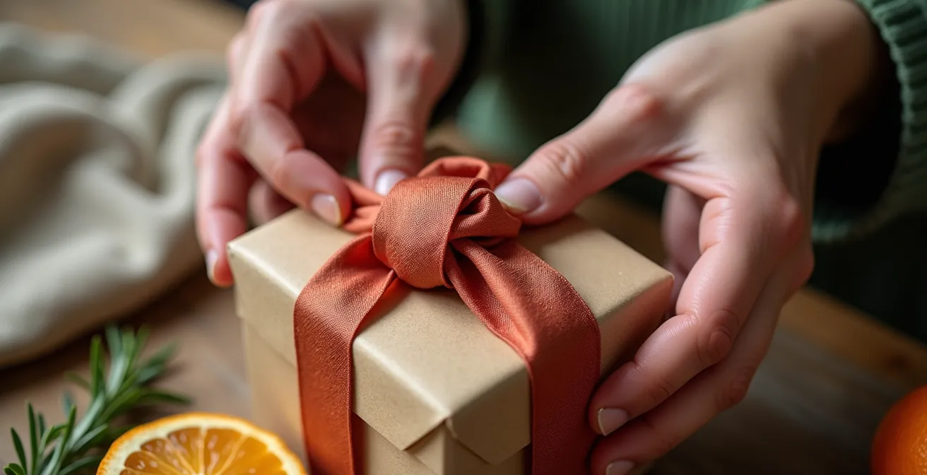 Hände binden kunstvoll ein Seidentuch um ein Geschenk nach der Furoshiki-Technik, verziert mit einem Rosmarinzweig.