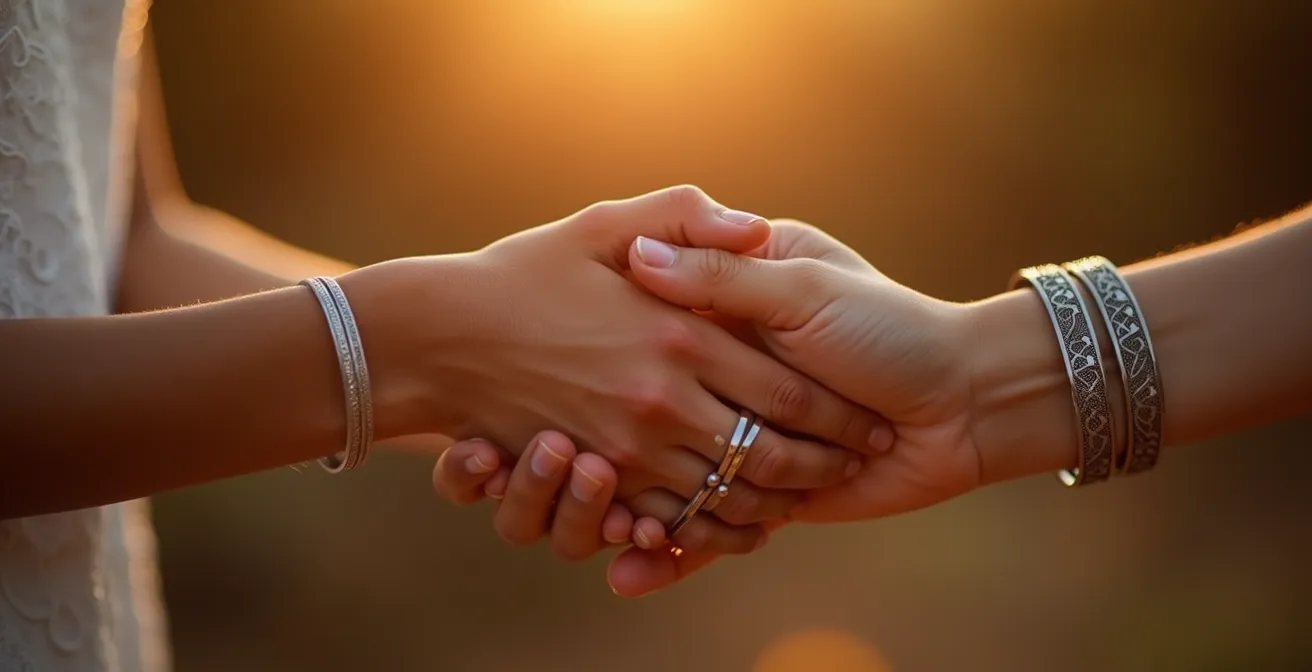 Zwei Hände tragen komplementäre Armbänder, die sich berühren