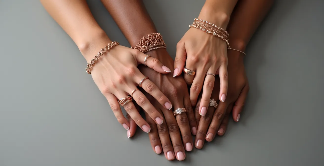 Verschiedene Hauttöne mit Roségold-Schmuck im natürlichen Licht