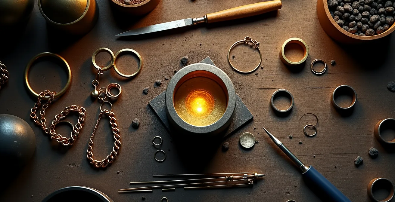 Goldschmied arbeitet an der Verschmelzung verschiedener Goldstücke zu neuem Schmuck