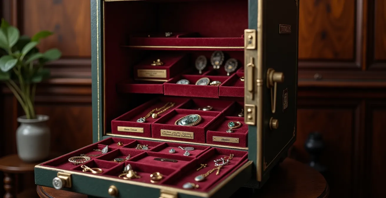 Stilvolle und sichere Aufbewahrung von Familienschmuck in antikem Tresor mit Samteinlagen