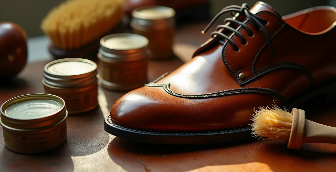 Professionelle Schuhpflege-Utensilien und gepflegte Lederschuhe