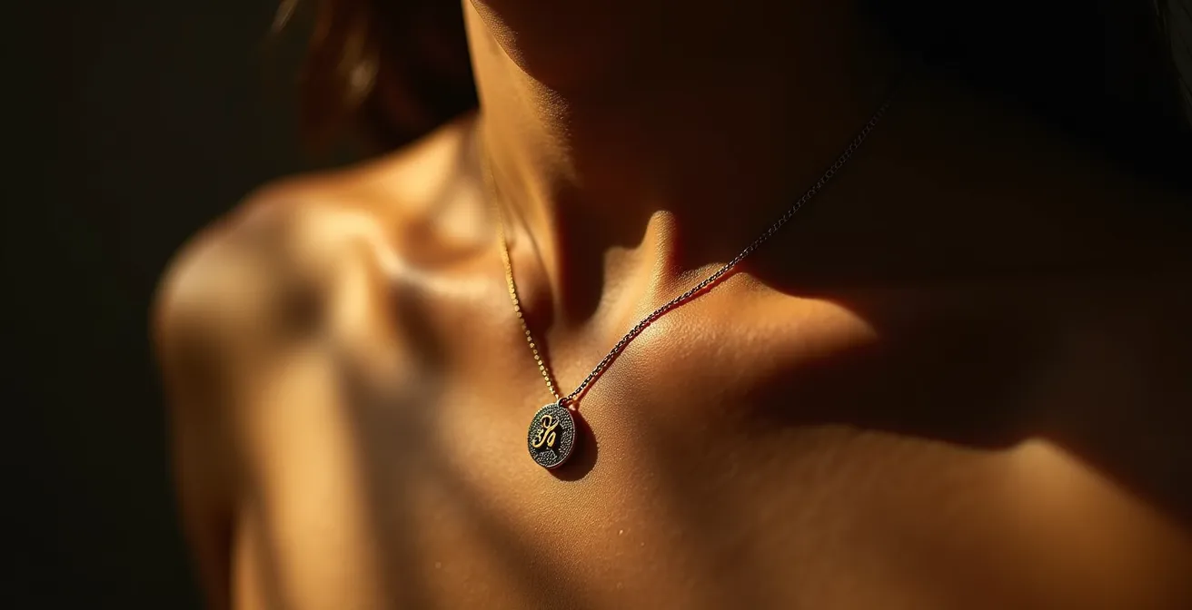 Nahaufnahme einer goldenen Initialkette am Hals einer selbstbewussten Person