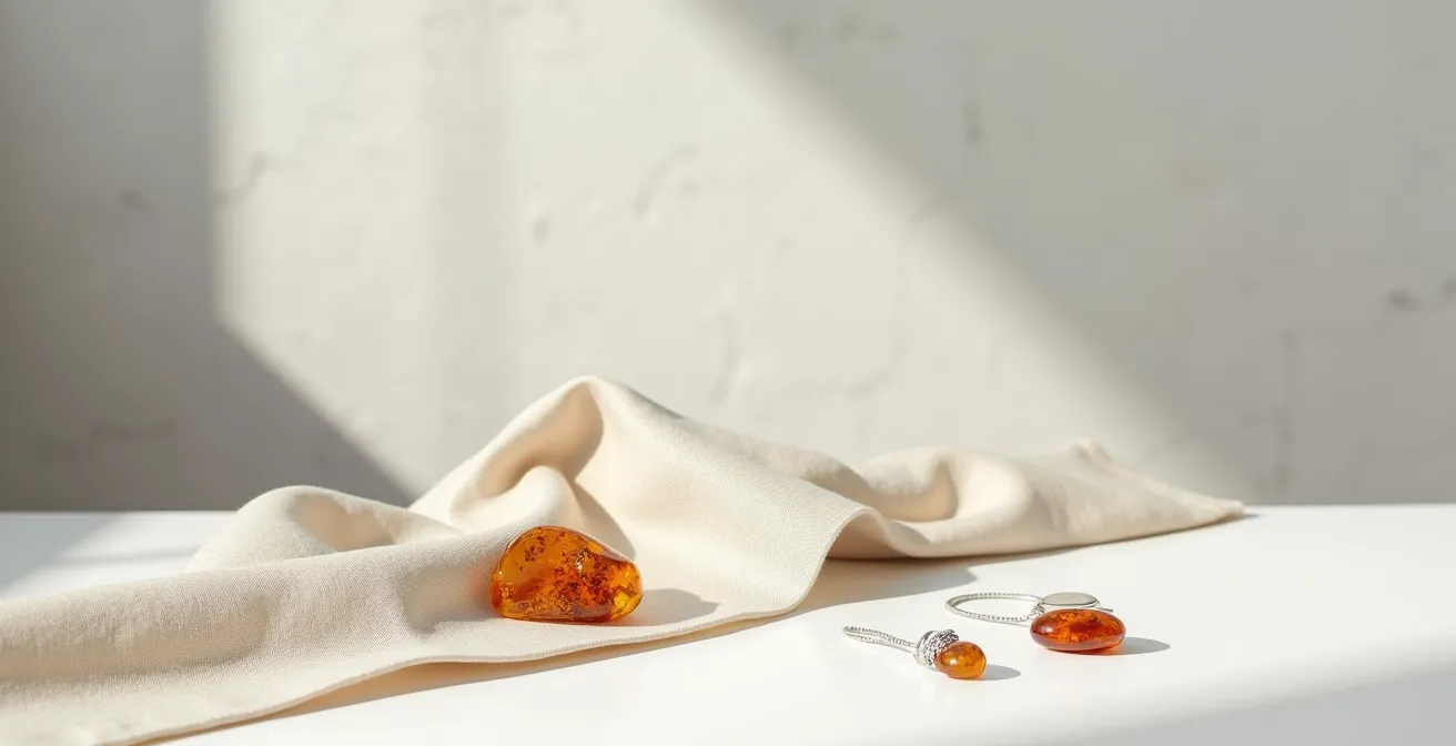 Minimalistische Komposition mit deutschem Designerschmuck und natürlichen Materialien