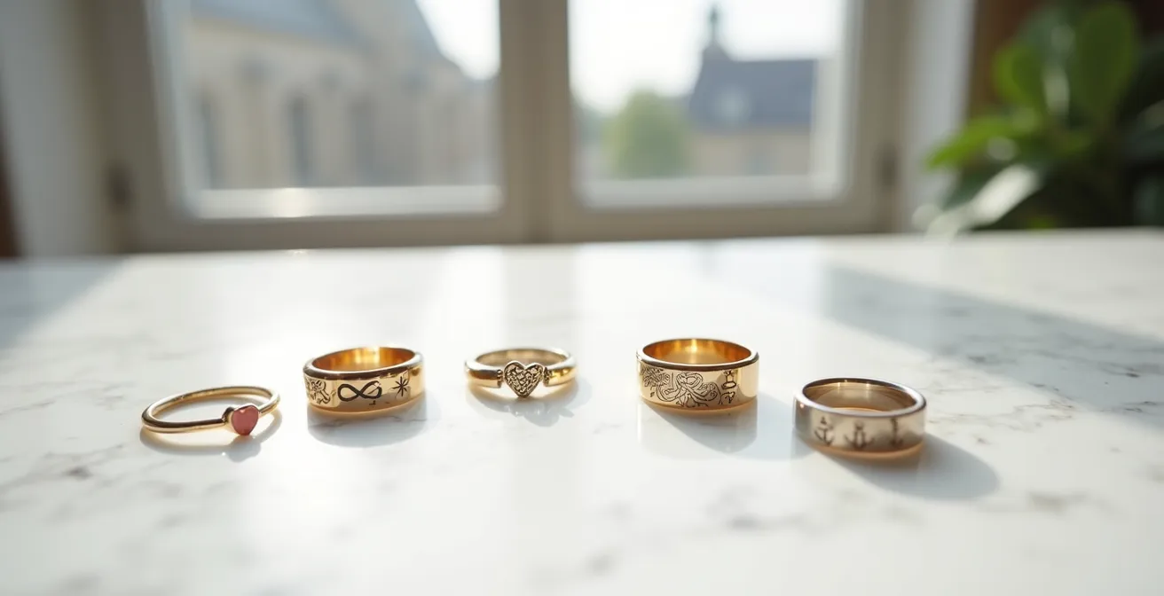 Verschiedene symbolische Gravuren auf Schmuckstücken in minimalistischer Anordnung