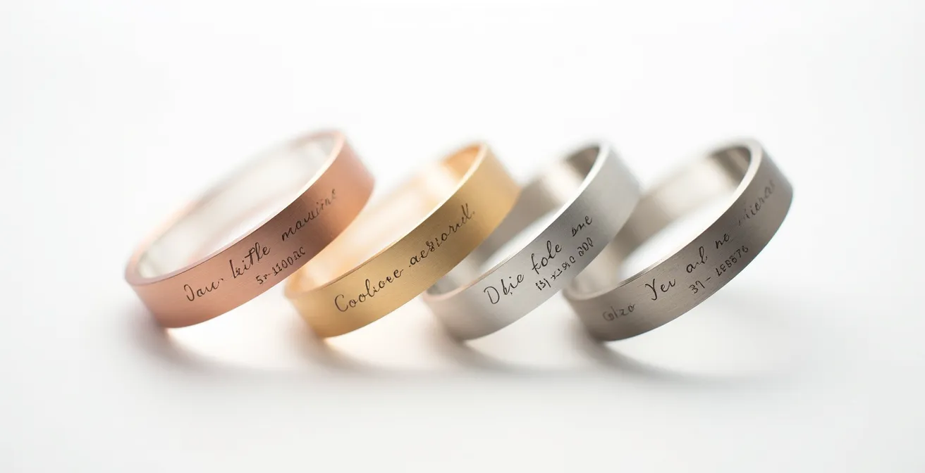 Nahaufnahme verschiedener Armbänder mit unterschiedlichen Gravur-Schriftarten nebeneinander