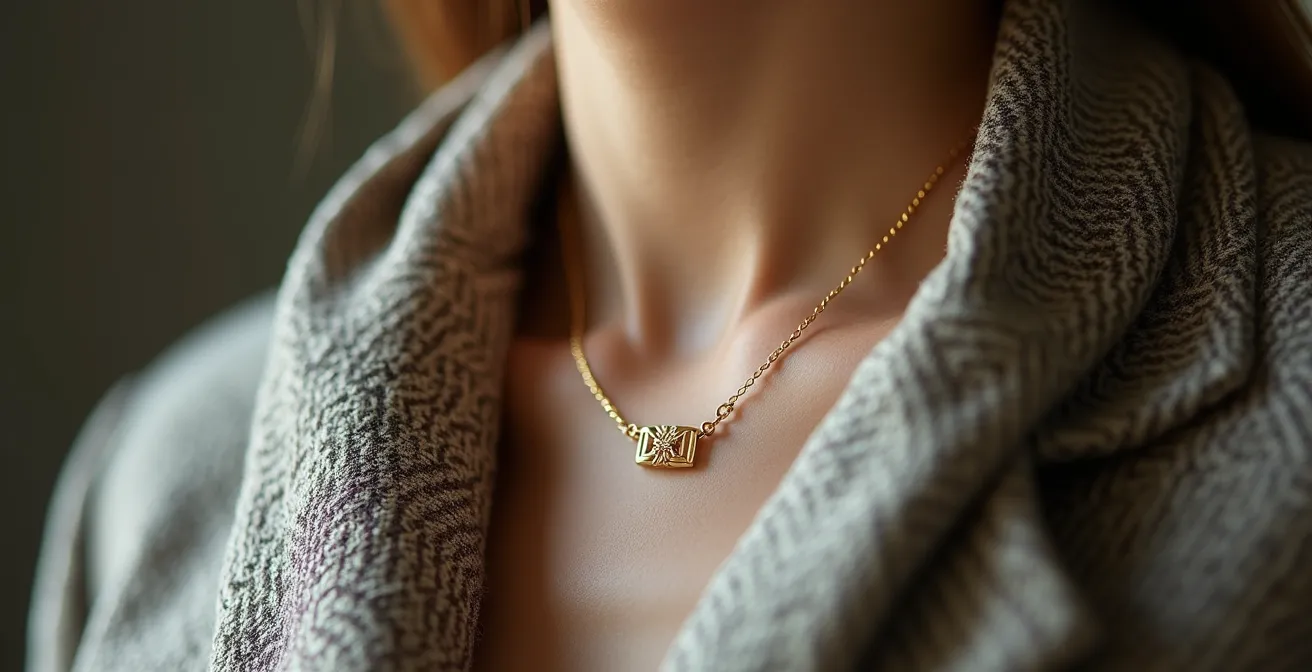 Nahaufnahme von minimalistischem deutschem Designerschmuck kombiniert mit Vintage-Kleidung