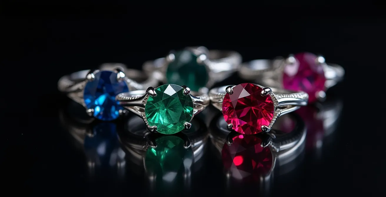 Weißgoldschmuck mit verschiedenen farbigen Edelsteinen arrangiert