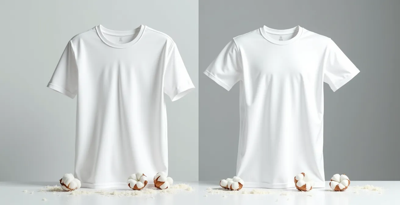 Nahaufnahme von Baumwollfasern vor und nach dem Waschvorgang