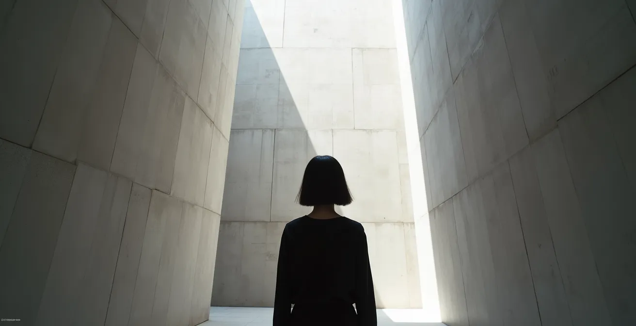 Weitwinkelaufnahme einer Frau mit Blunt Cut in architektonischem Raum