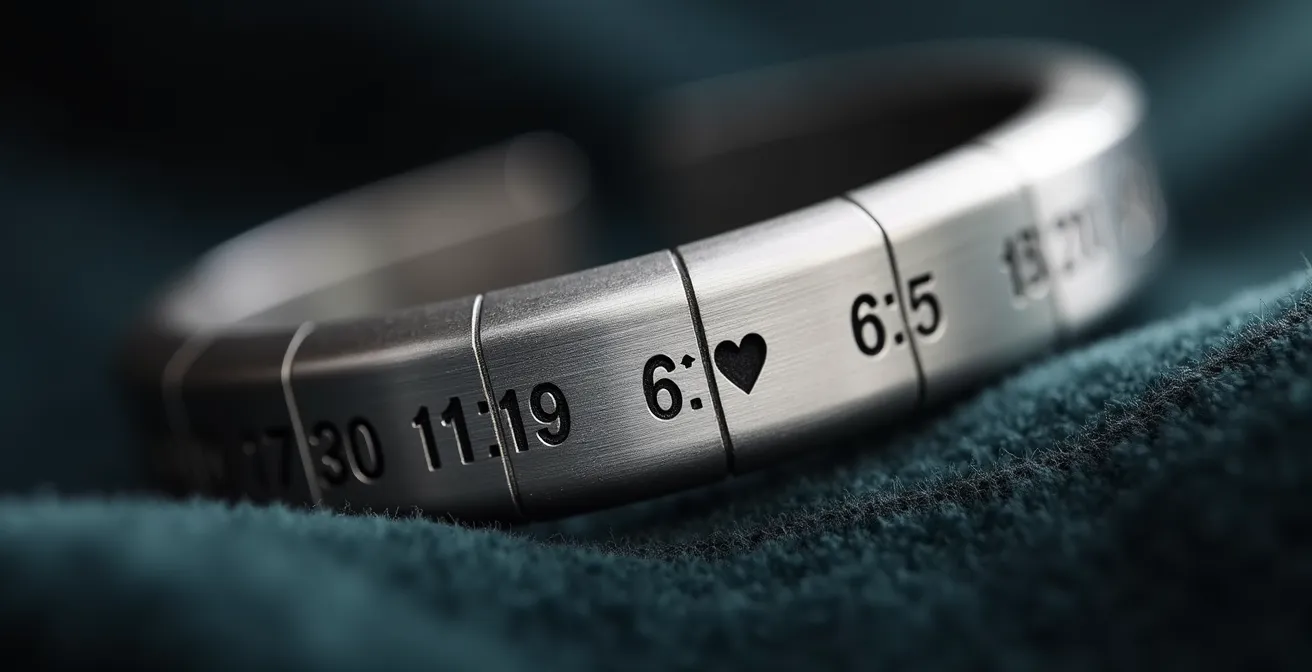 Nahaufnahme eines gravierten Armbands mit mehreren Daten und Symbolen, das einen Lebensweg darstellt.